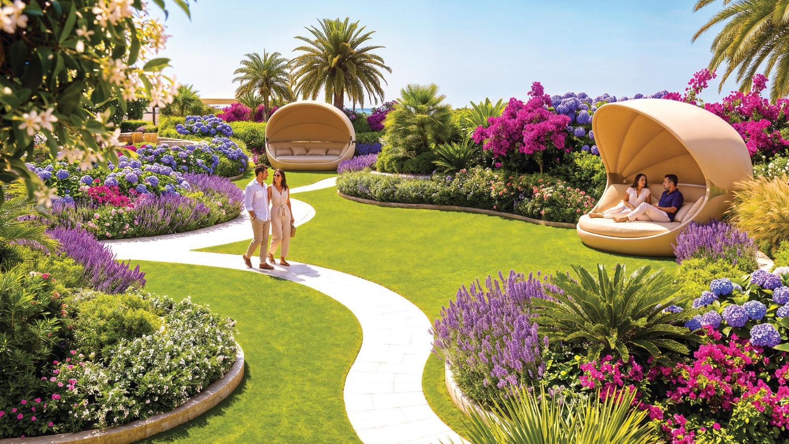 Landscaped garden with cabanas