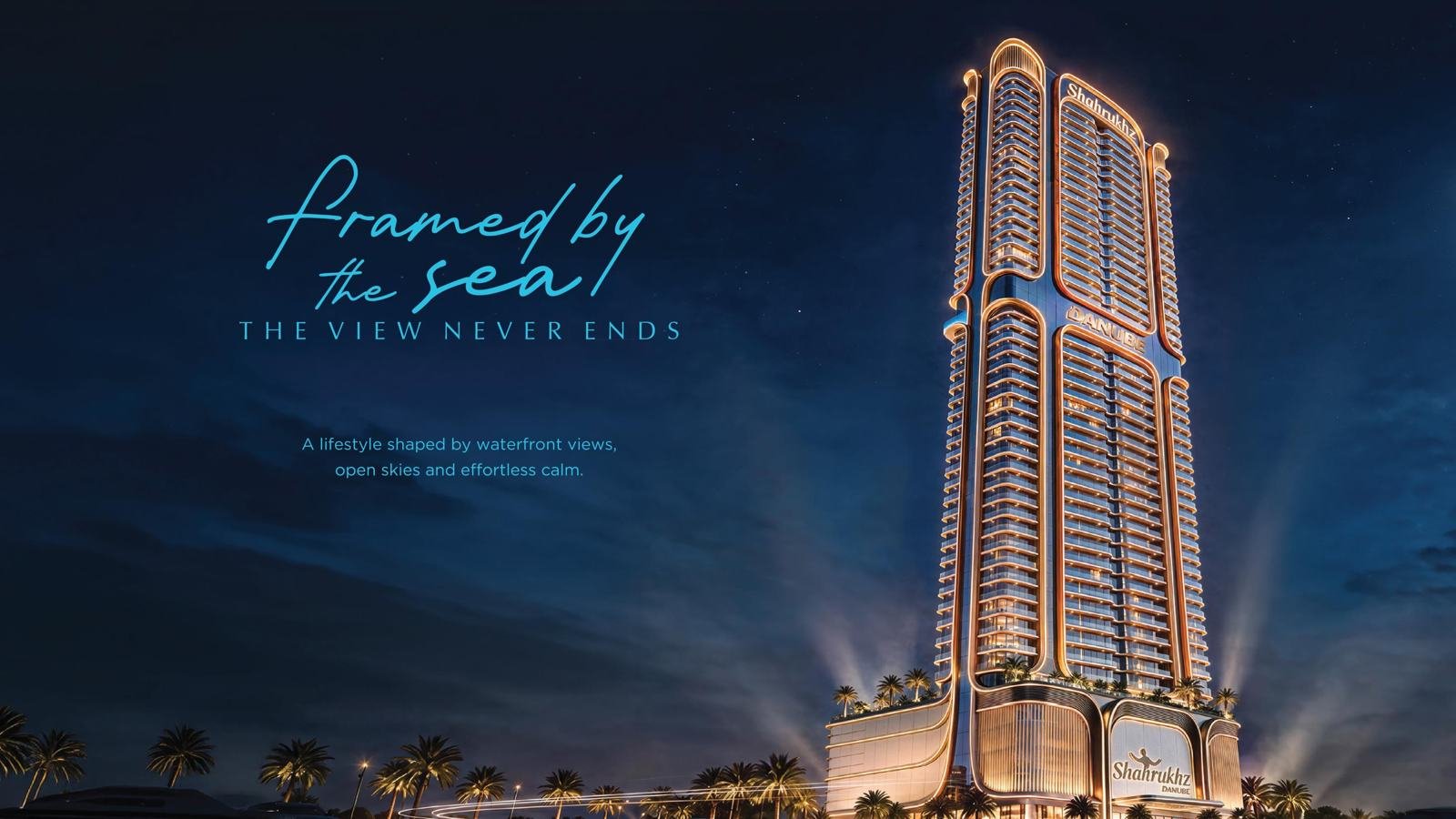 Shahrukhz by Danube tower lit at night