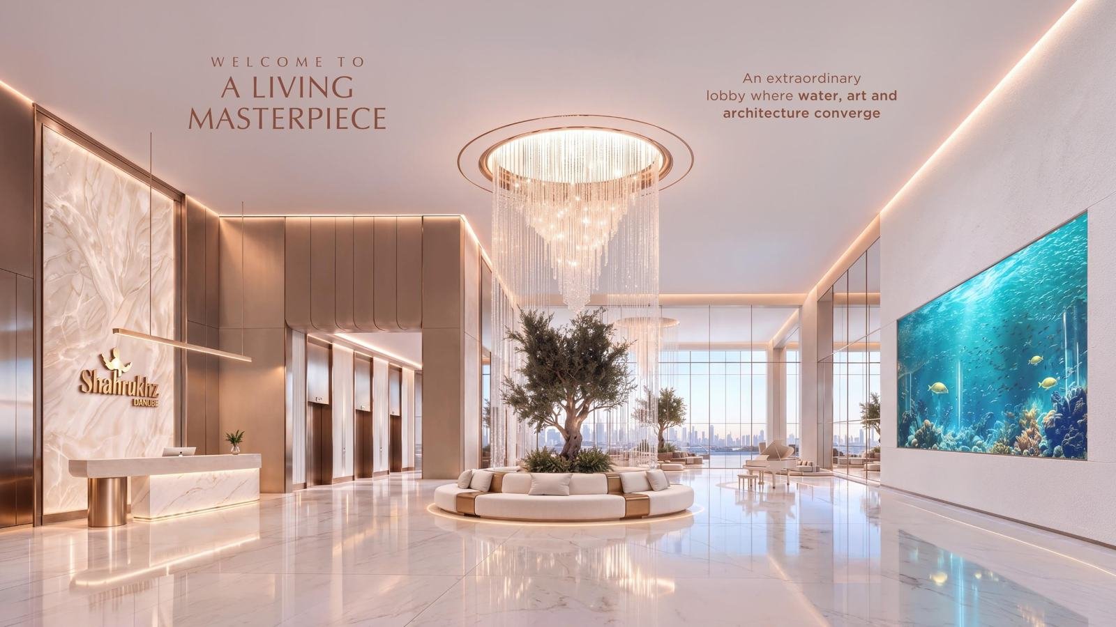 Lobby with chandelier and aquarium wall
